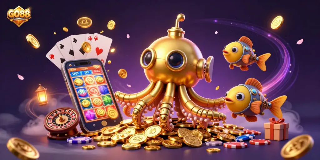 Experience GO88 with a golden kraken submarine amidst golden coins during thrilling casino gameplay.