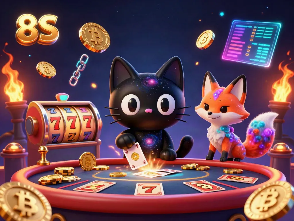 Engage in the vibrant cosmic casino scene featuring 8S elements, where a black hole cat draws in cards and chips with its gravitational charm.