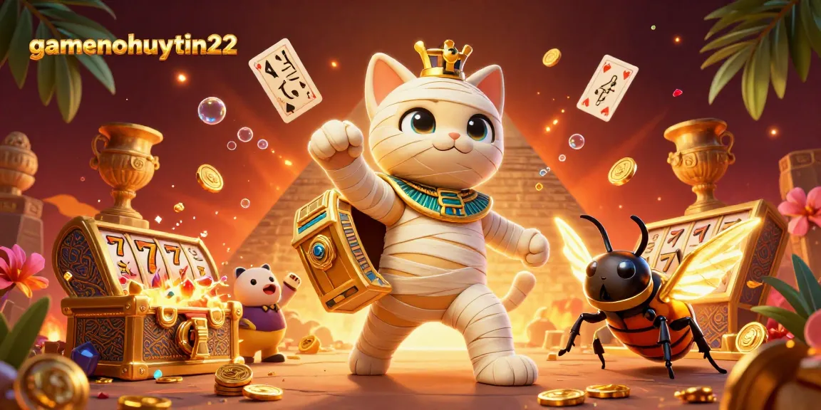 Join gamenohuuytin22 in a vibrant casino scene with a mummy cat and treasures galore.