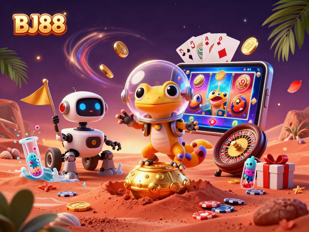 BJ88 showcases a colorful slot adventure where an alien gecko explores a golden casino