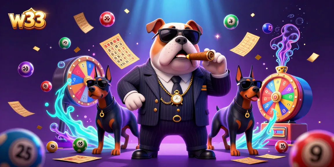 Experience the excitement of gaming at W33 with a 3D illustration of a mafia bulldog and dynamic casino elements.