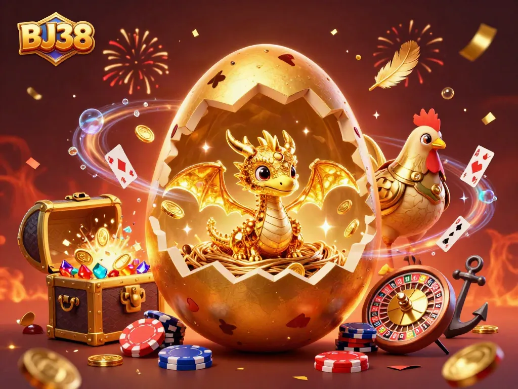 Join the excitement at BJ38 as the golden dragon sits among poker chips and vibrant casino elements.