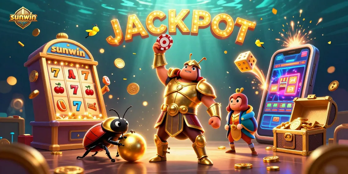 Engage in thrilling gaming with sunwin as a victorious beetle lifts a poker chip amidst a spectacular jackpot scene.