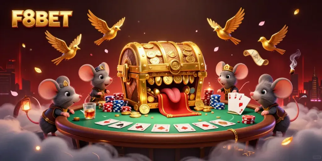 Experience exciting gaming at F8BET with vibrant casino elements like poker tables and gold treasures.