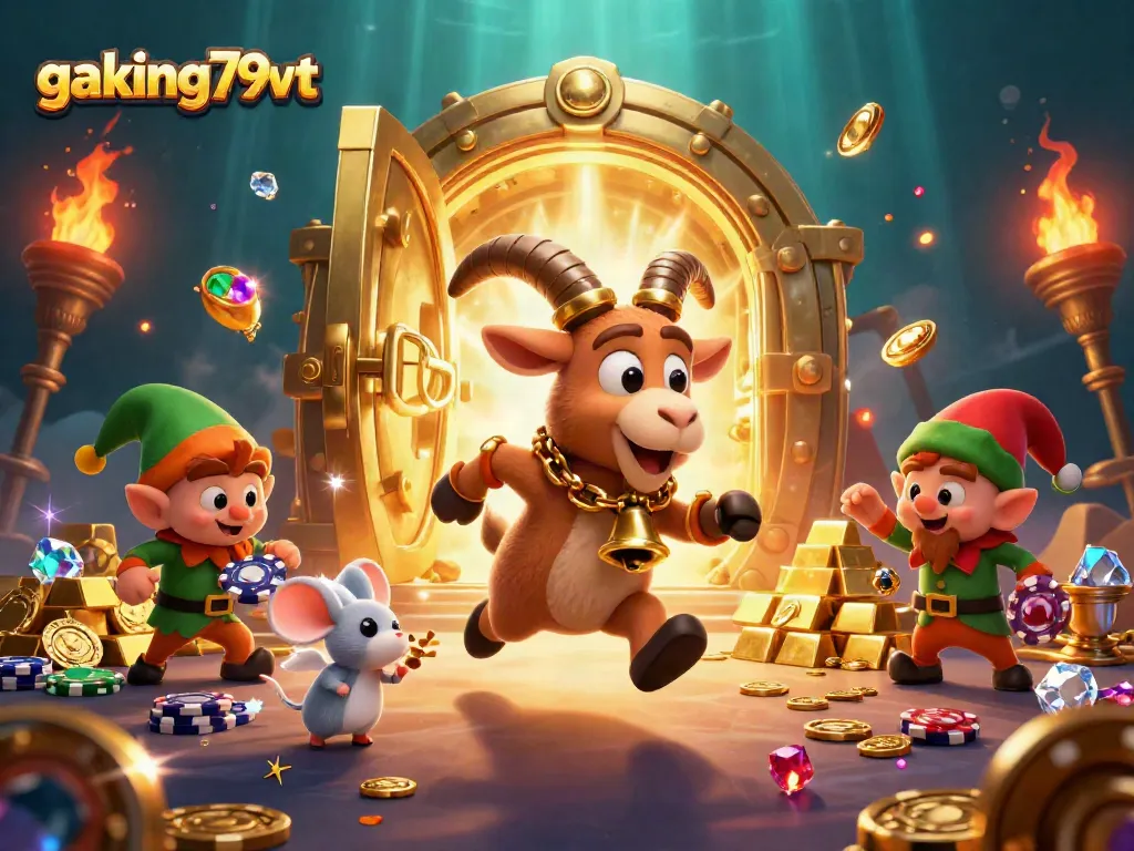 Win exciting prizes at gaking79vt casino, featuring a dynamic scene with festive characters and rich gold elements.