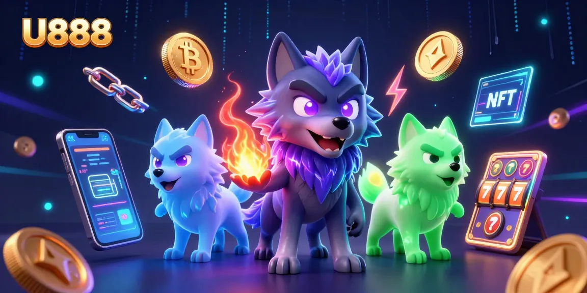 Engage with U888's thrilling casino atmosphere, featuring 3D wolves amidst vibrant gaming elements.