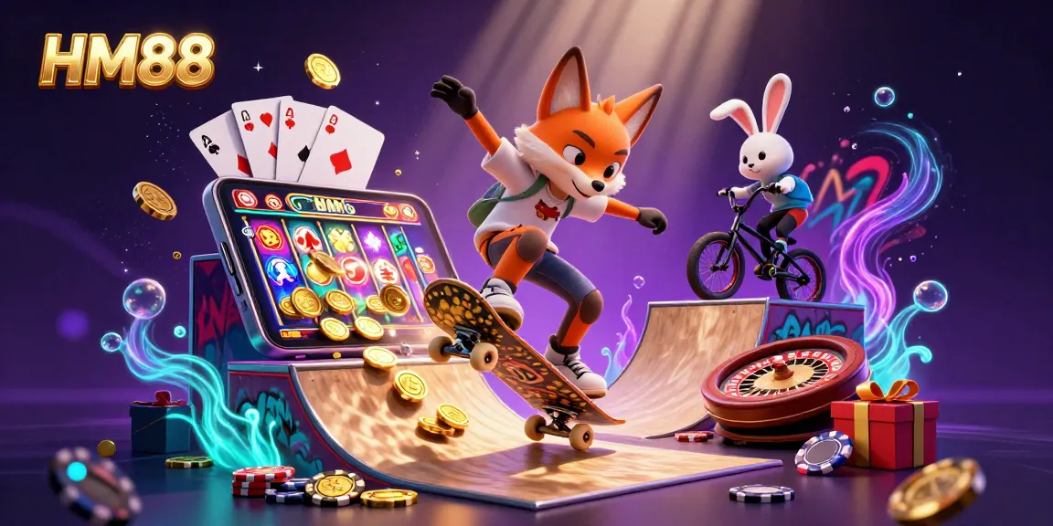 Experience the thrills of HM88 with cartoon characters in a dynamic casino scene, illustrating exciting gaming elements.