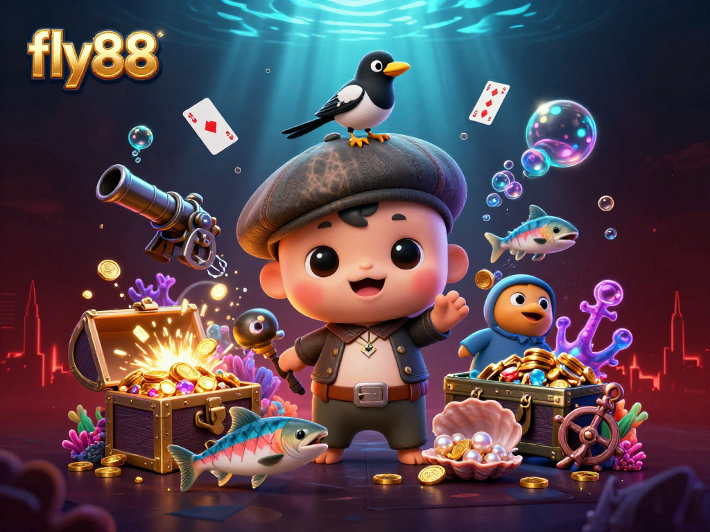 Experience thrilling gameplay at fly88 with underwater treasures and vibrant characters in a lively casino setting.