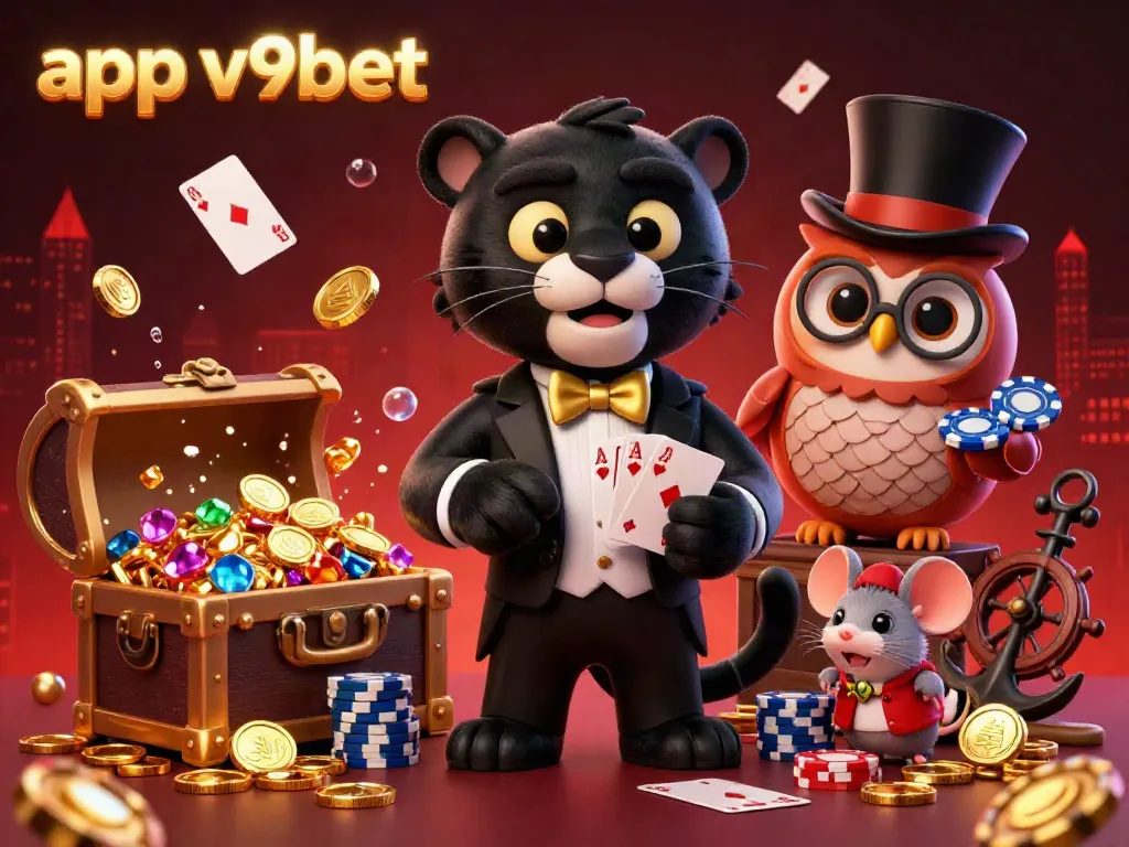 Experience dynamic card playing action with app v9bet casino characters in an ultra-detailed casino illustration.