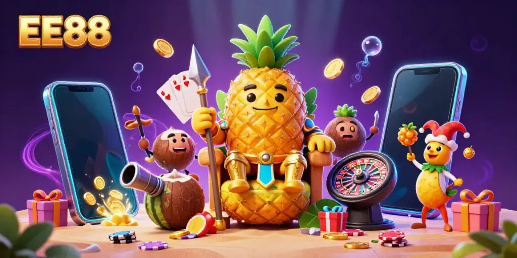 Engage with thrilling slot games as EE88's golden pineapple king presides over a vibrant beach casino.