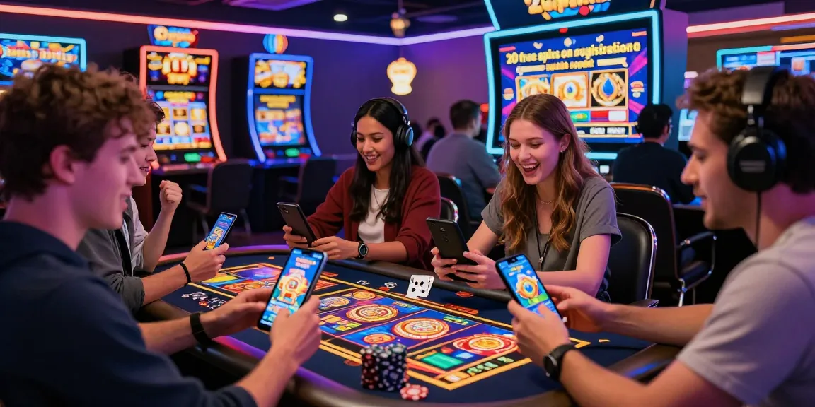 Exciting scene of players celebrating 20 free spins on registration no deposit at an online casino, showcasing vibrant gaming atmosphere and engagement.