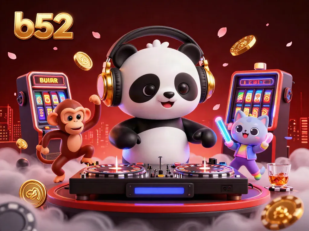 B52 showcases an exciting casino scene with a DJ panda spinning, a dancing monkey, and a glowing kitten amidst vibrant gambling elements.