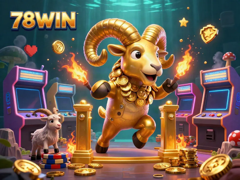 Engage with 78WIN's vibrant casino scene featuring a charging golden ram, arcade elements, and rich detail.