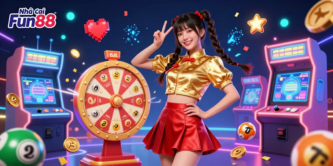 Experience the excitement with Nhà cái Fun88 in this vibrant 3D gambling scene filled with colorful arcade games and lottery elements.