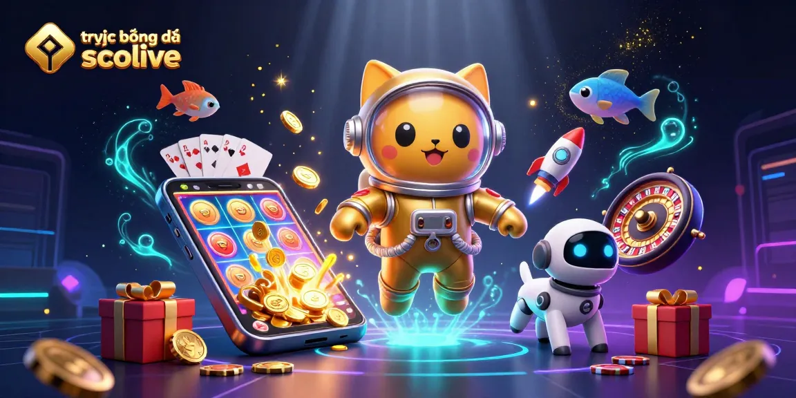 Experience trực tiếp bóng đá socolive in a vibrant 3D scene featuring a unique golden astronaut, robot dog, and casino game elements