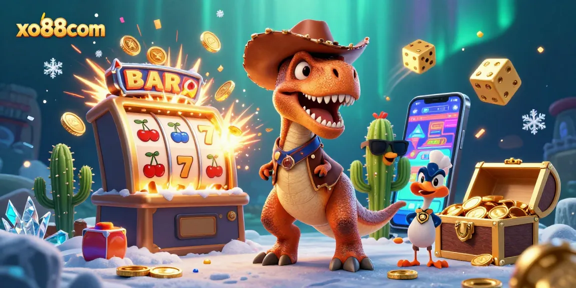 Win big with xo88com at a vibrant 3D slot machine scene featuring unique characters.