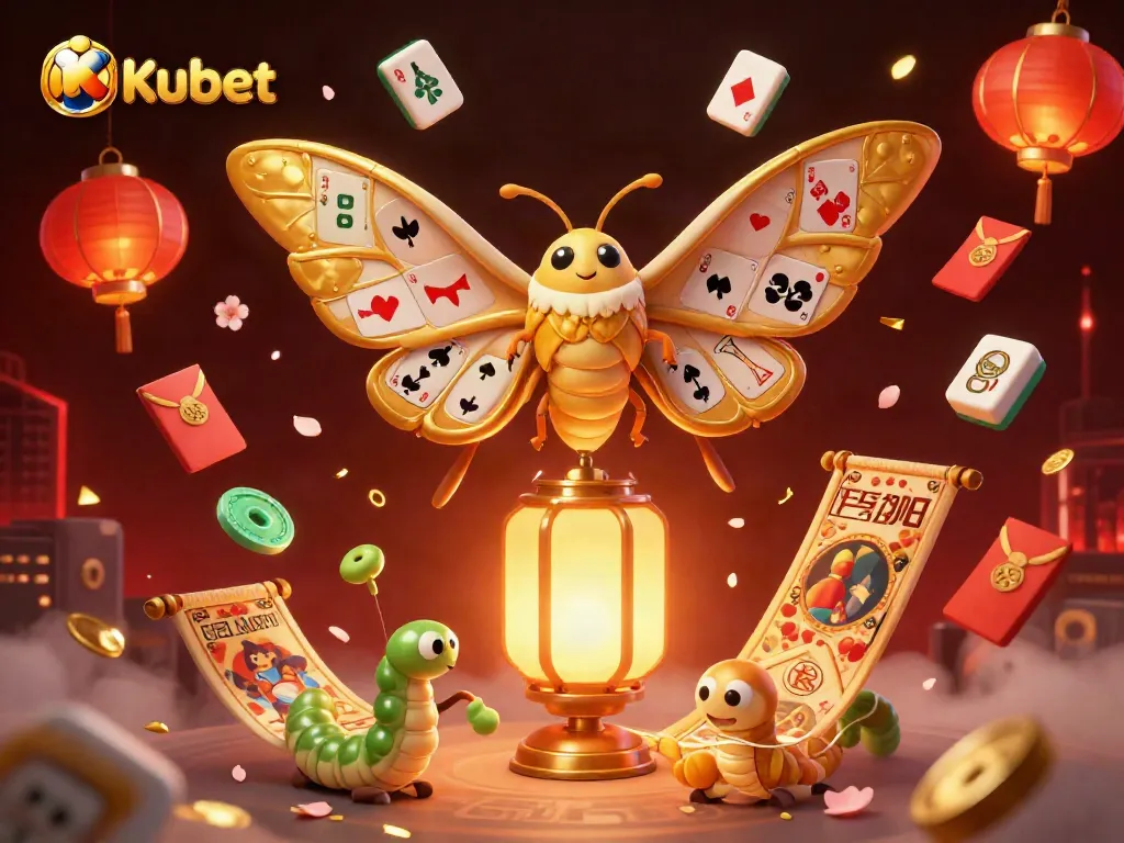 Kubet's vibrant casino scene featuring a majestic moth, lanterns, and floating game elements.