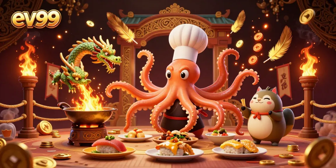 Experience thrill at ev99 with a vibrant scene featuring a sushi chef octopus and a fire-breathing dragon in an exciting gaming environment.