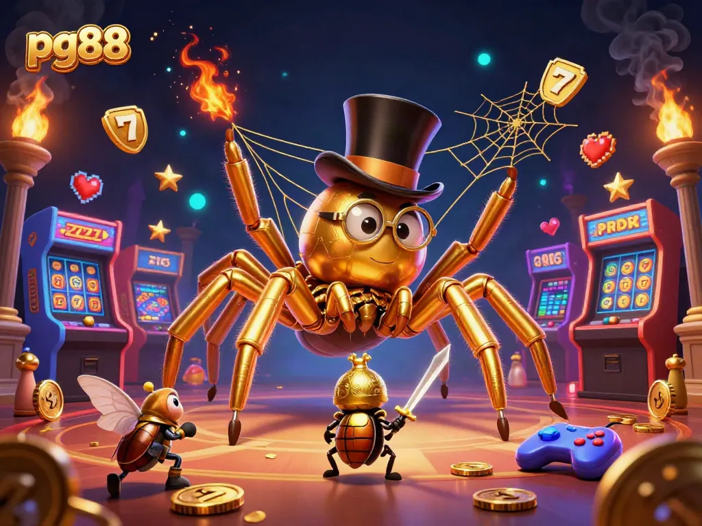 Spin the reels and win big with pg88's exciting casino scene featuring a golden tarantula and beetle knight.