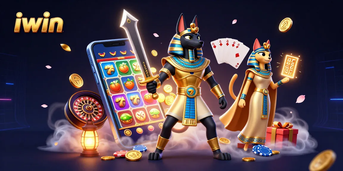 Play exciting iwin slot games with Anubis and Bastet amidst rich golden visuals and dynamic elements.