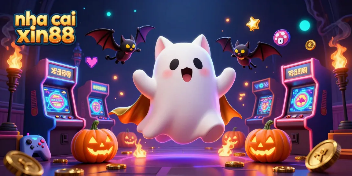 Experience the thrill of nha cai xin88 with a dynamic scene featuring a ghost cat and vibrant gaming elements.
