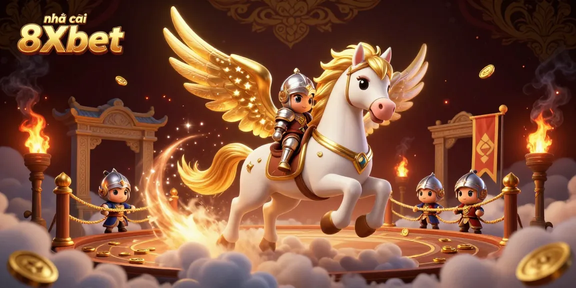 Dynamic scene illustrating nhà cái 8Xbet with a celestial horse and knight in a vibrant casino setting.