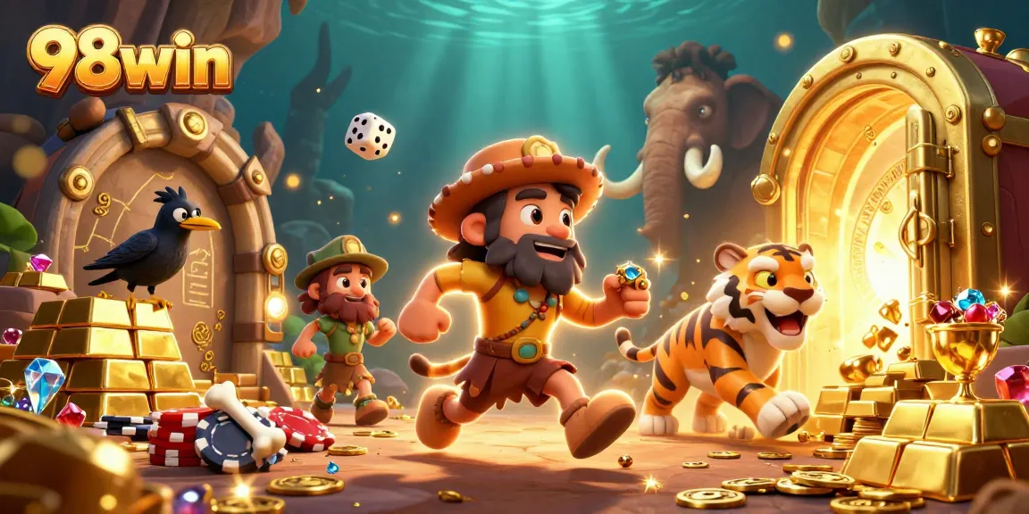 Experience the thrill of the 98win casino with a dynamic prehistoric scene featuring exciting characters and treasures.