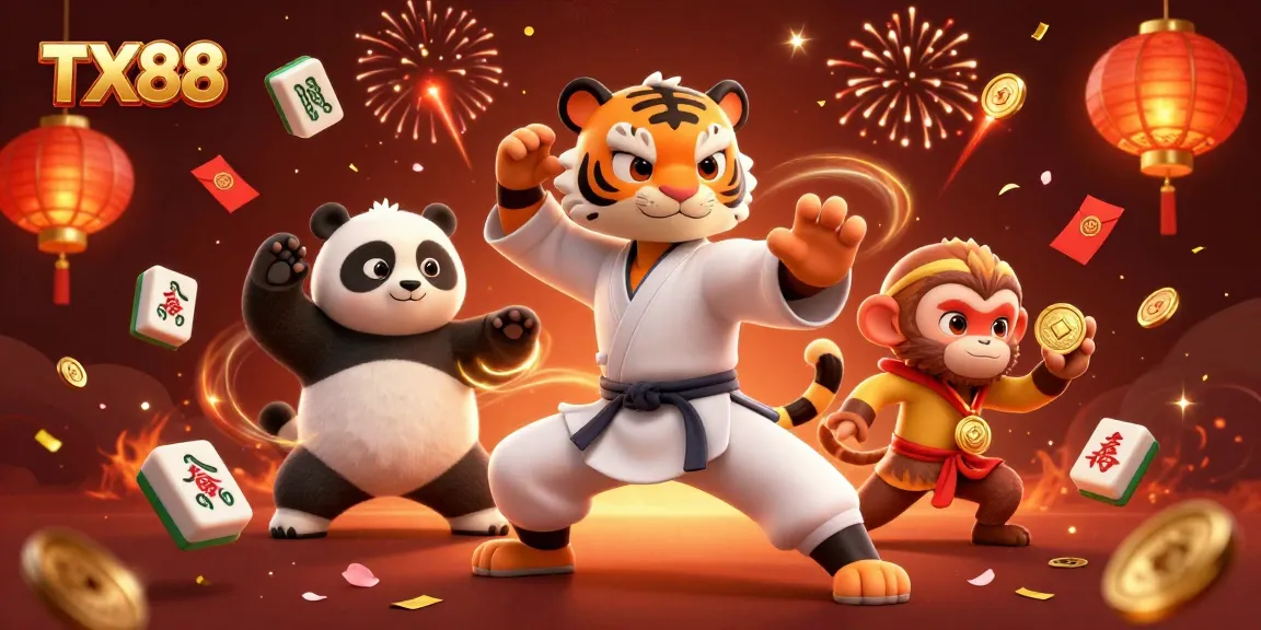 Experience the thrill of TX88 gaming with a kung fu tiger and friends in a vibrant casino setting.