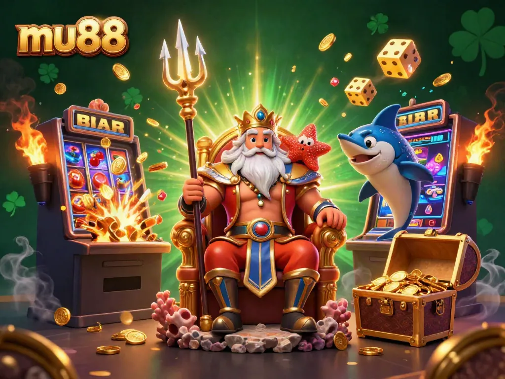 Experience the excitement at mu88 with a vibrant, dynamic casino scene featuring Neptune and game elements.