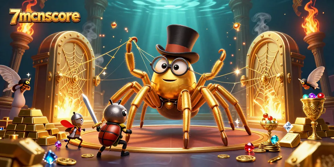 Engage with 7mcnscore’s vibrant casino adventure featuring a golden tarantula and beetle knight.