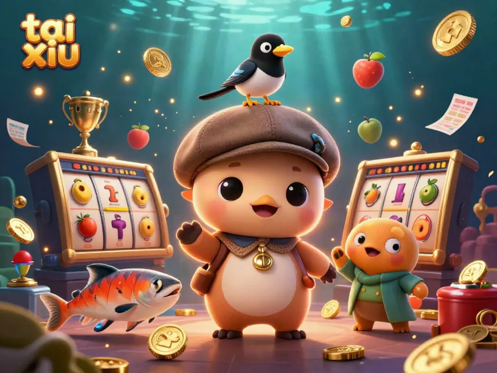 Experience the thrills of tai xiu with a playful creature scene featuring slot reels and vibrant casino elements.