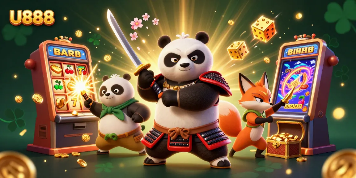 Experience U888's thrilling jackpot action with a vibrant illustration of samurai panda and ninja fox