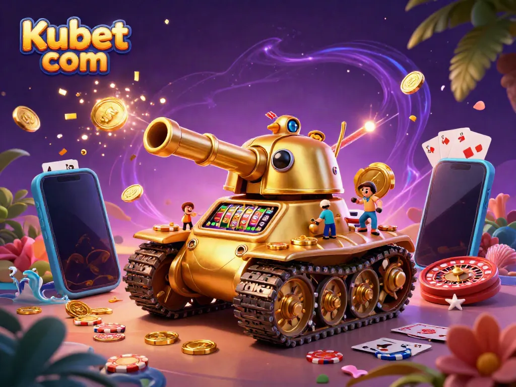 Experience fun gaming with Kubet com's vibrant 3D casino illustration featuring dynamic scenes of slots and fun.