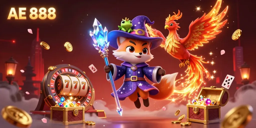 Experience thrilling games at AE 888, featuring a mystical wizard fox and vibrant casino elements!