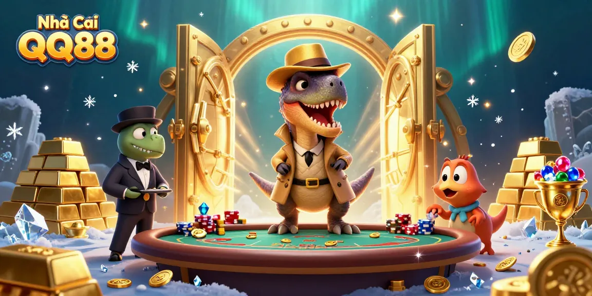Experience the thrill of Nhà Cái QQ88 as playful dinosaurs engage in a high-stakes casino scene.