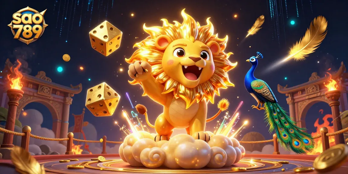 Sao 789 players betting joyfully with golden lions, vibrant tokens, and dynamic game elements in 3D