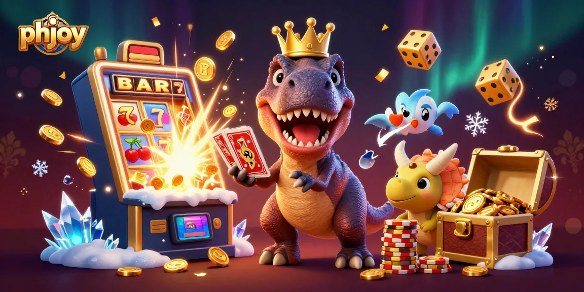 phjoy features a playful T-Rex shuffling cards amidst a vibrant casino scene filled with gold coins and jackpots.