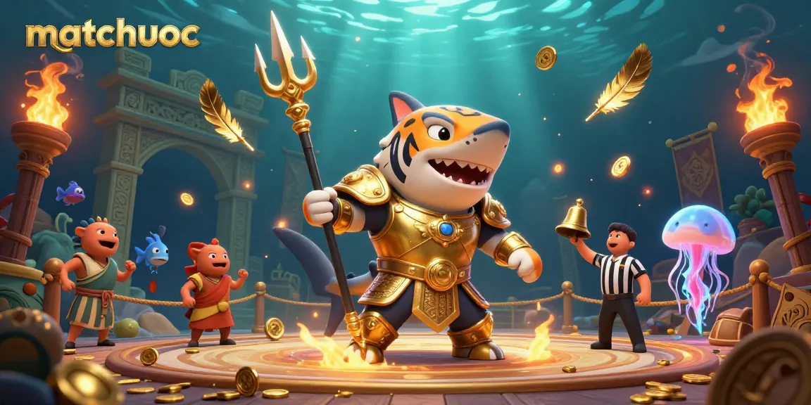 Experience the thrill of matchuoc in a vibrant underwater casino scene with a golden gladiator shark.