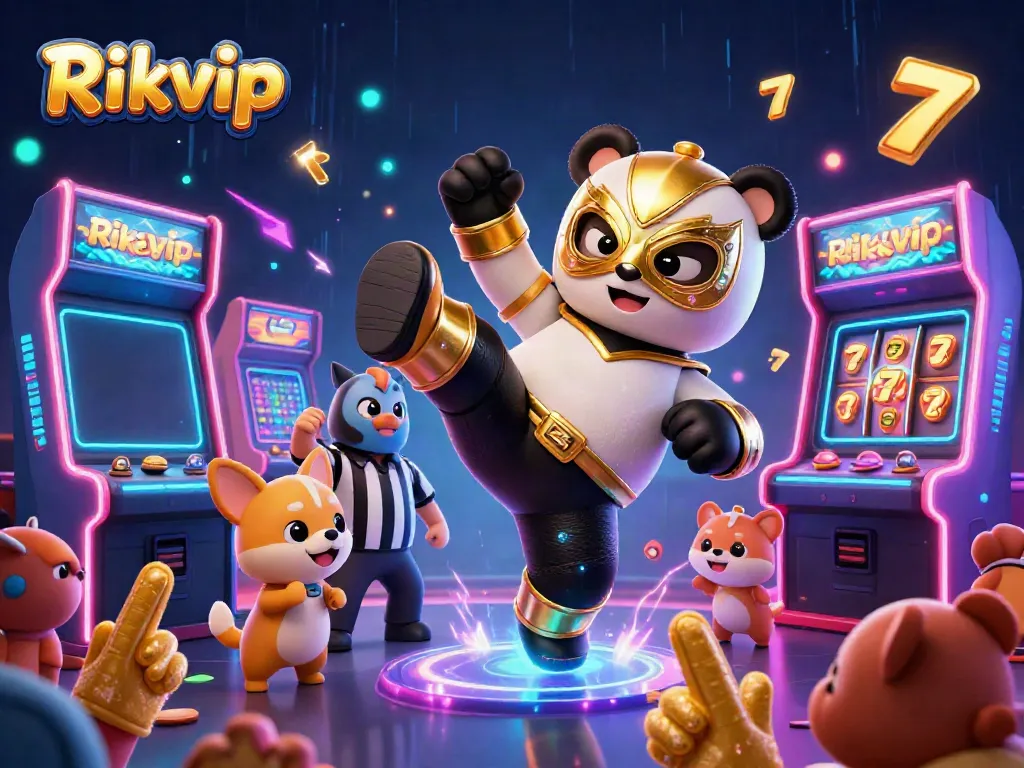 Experience thrilling casino action with Rikvip featuring a wrestling panda and lively game elements.