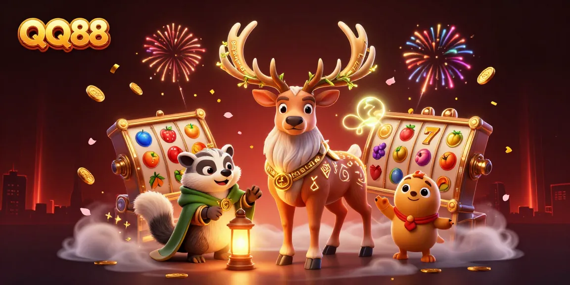 Engage with QQ88's thrilling gaming world featuring 3D characters and rich casino elements in a vibrant scene.