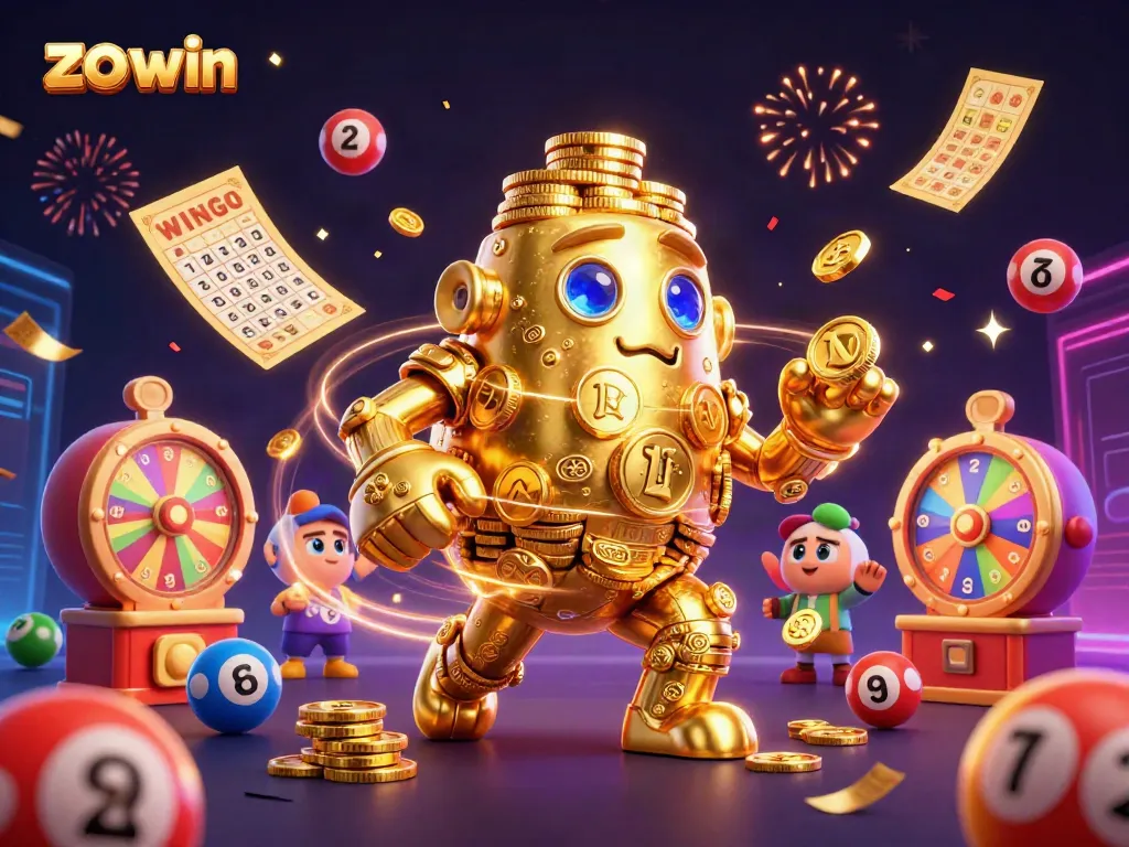Engage with the thrilling experience of zo win as colorful lottery elements and a golden golem create a vibrant casino atmosphere.