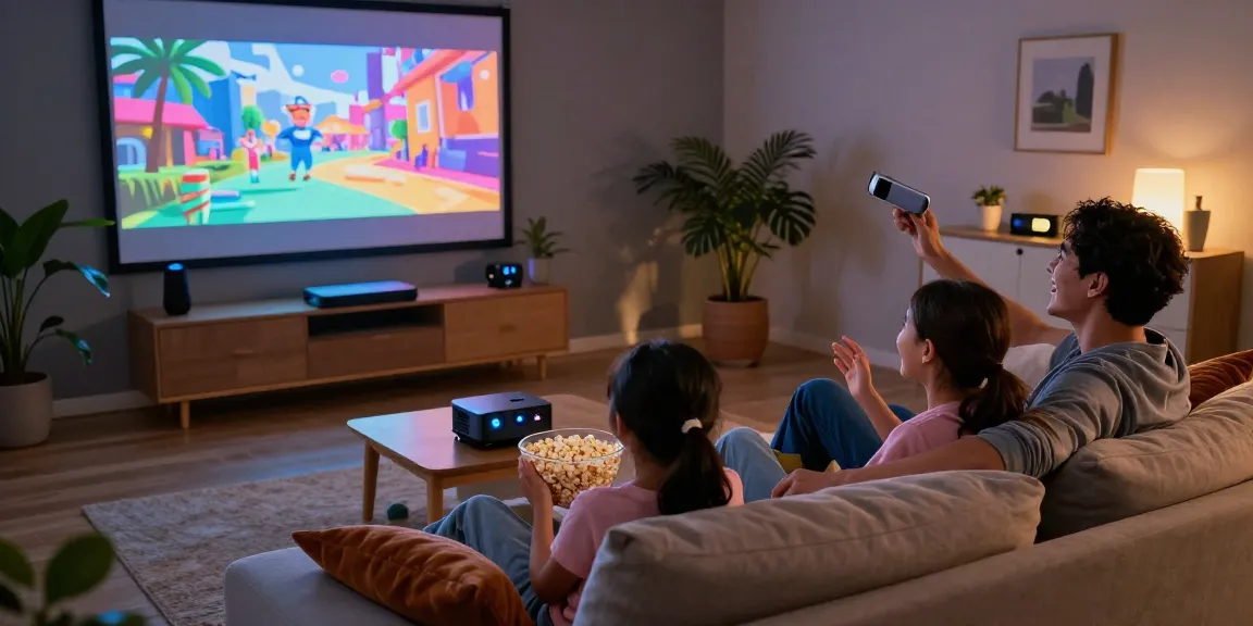 Family enjoying a movie night with the best projector 2026 in a cozy living room.