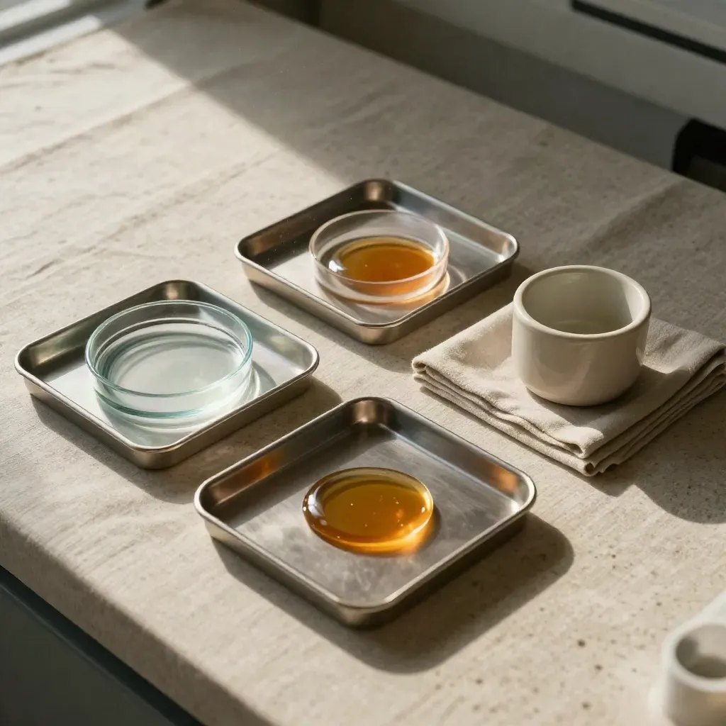 Three assay trays—clear gel, amber reagent, and opaque control—on linen under raking light.