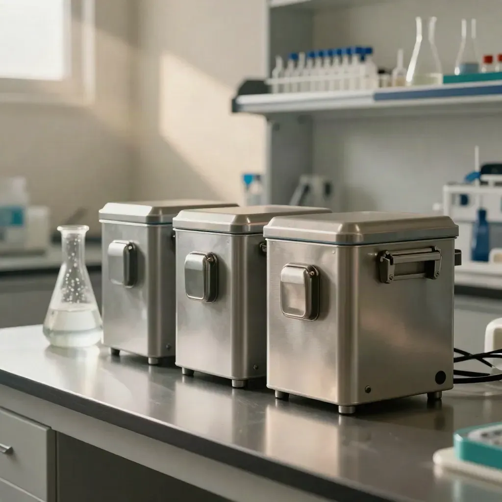 Modern wet lab bench with sample cases, flask and transport cooler in soft daylight