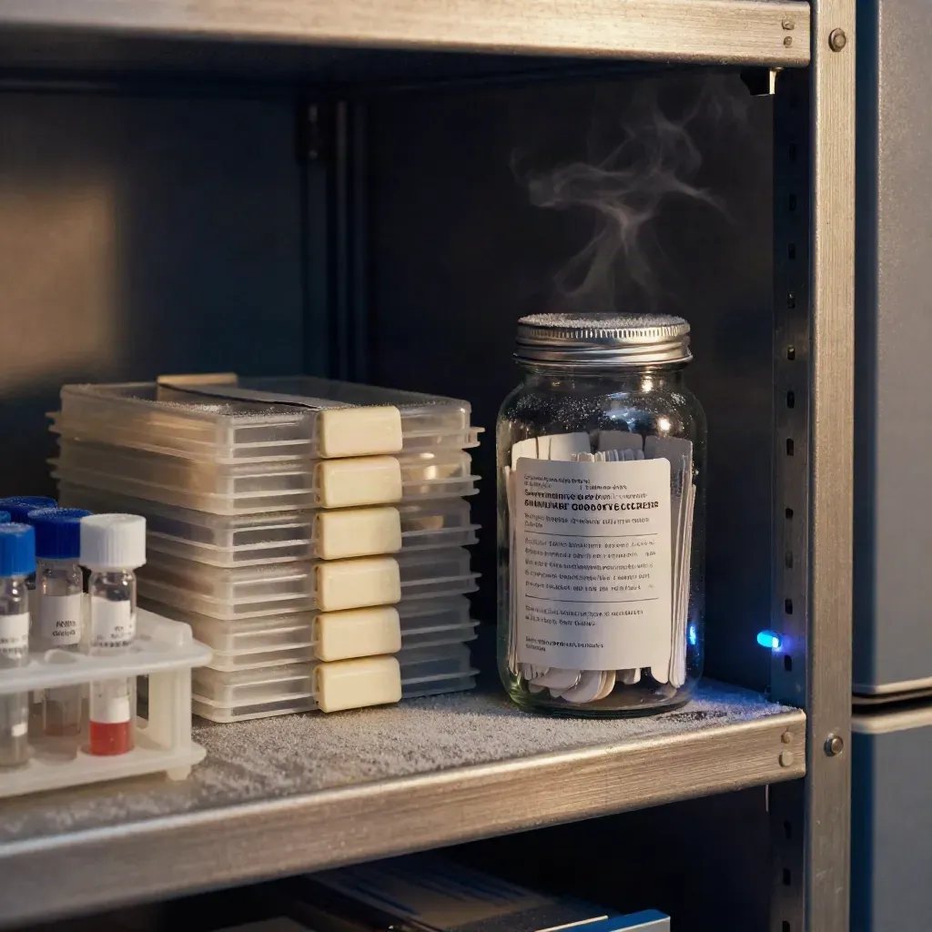 Frosted cryovials and tissue cassettes beside a glowing freezer door in a research archive