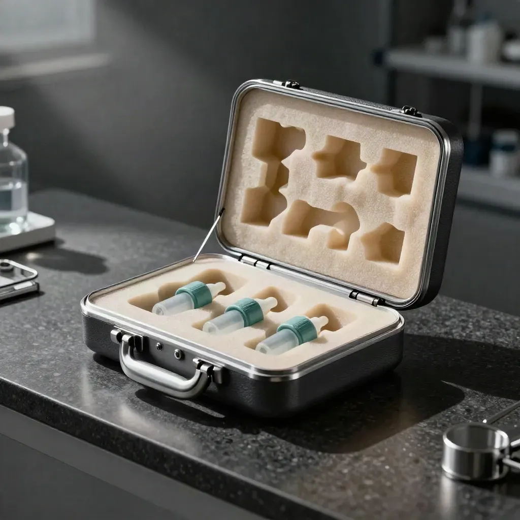 Open prototype cartridge in a travel case with foam insert and reagent ampoules.