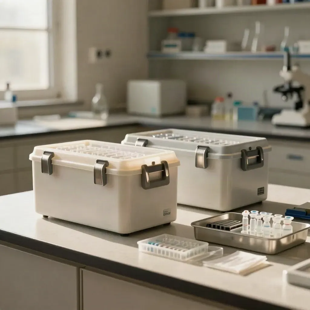 Lab research kit staged with sample modules, sealed cooler and service supplies in warm window light.