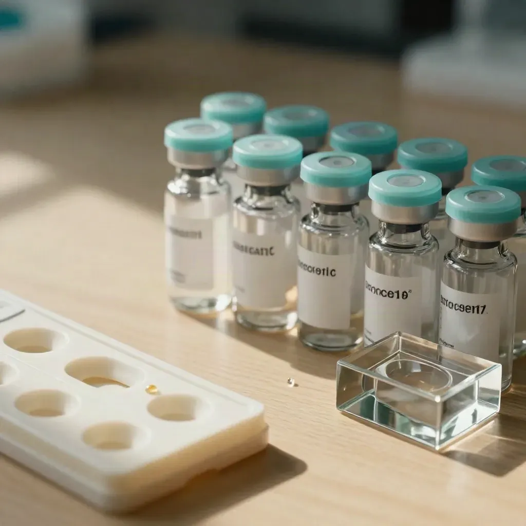 Sealed vials and assay tray with a glass block on pale wood, frozen mid-drop.