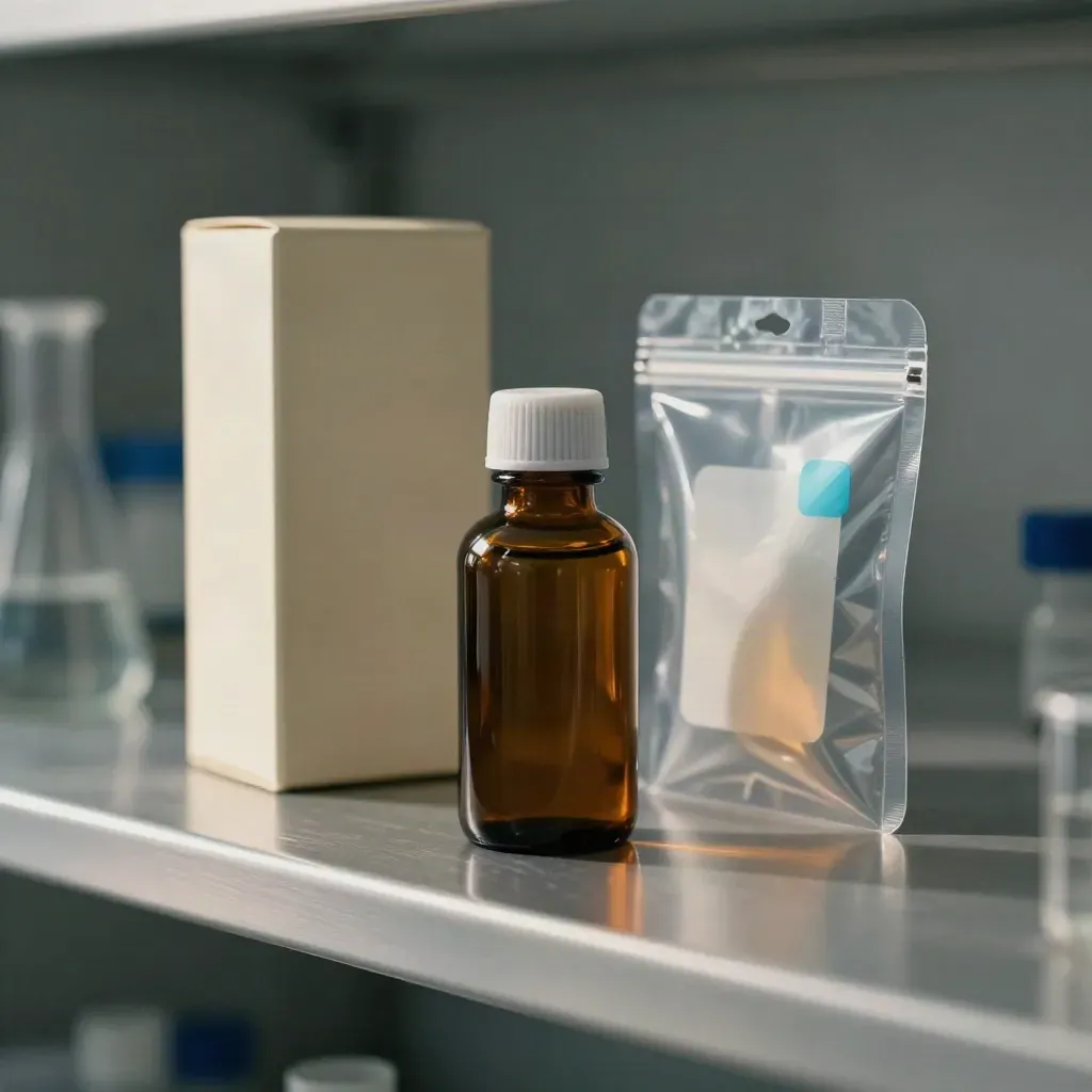 Amber bottle, blank carton, and sealed sample set on a pewter biotech shelf