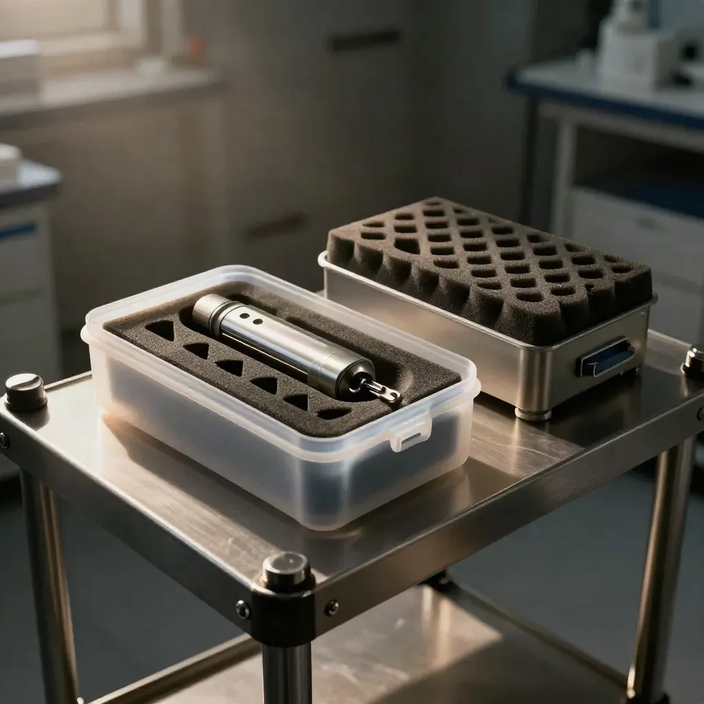 Compact clinic-tool prototype in foam insert and sterile sleeve inside a dark pilot lab